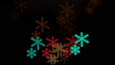 Beautiful-snowflake-bokeh-from-moving-car-and-traffic-lights-at-the-evening,-Christmas,-winter-or-holiday-background-concept,-copyspace