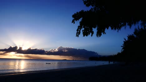 A-shot-of-a-sunset-in-a-tropical-beach,-with-palms-trees-in-the-foreground-to-the-right,-moving-in-the-wind