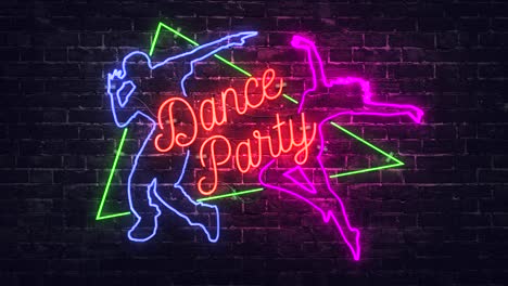 Realistic-render-of-a-vivid-and-vibrant-animated-neon-sign,-with-the-words-Dance-Party,-on-a-brick-wall-background