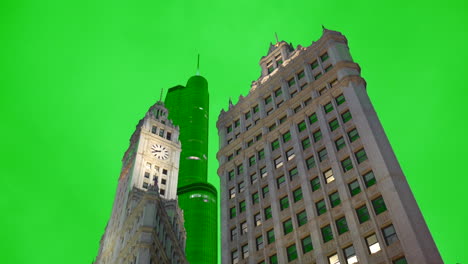 Green-screen-of-tower-and-skyscraper-view,-Chicago-architecture,-studio,-media,-video-green-screen-template-concept,-3d-cityscape-view,-sky-replacement-template
