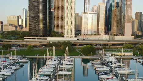Dolly-right-to-reveal-Trump-Tower-and-Chicago-River-during-early-morning-summer-sunrise