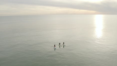 Three-people-on-paddle-boards-in-calm-water-with-a-golden-sunset-and-Brighton-Pier
