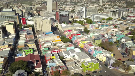 Scenic-aerial-wide-drone-shot-above-central-Cape-Town,-South-Africa-with-scenic-view-of-harbor-and-downtown-business-area