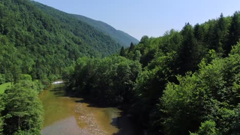 Volando-Sobre-Un-Río-En-Osilnica-En-Eslovenia-Y-Contemplando-El-Colorido-Bosque-Verde