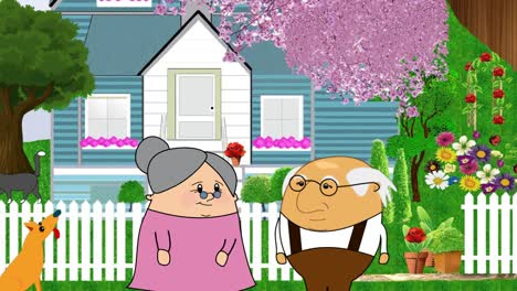 Simple-cartoon-animation-of-an-elderly-couple-and-dog-moving-across-screen