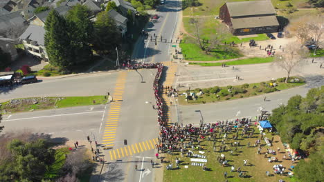 Aerial-Jib-Down-of-UCSC-COLA-Strikers-Linking-Arms-Across-UCSC-Main-Entrance