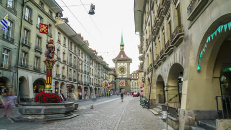 Bern-Switzerland,-circa-:-timelapse-Shopping-Street-with-Clock-Tower-at-Bern-City-in-Switzerland