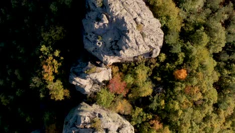 Flying-over-rocks-in-the-mountains-during-the-autumn-with-colorful-trees-around