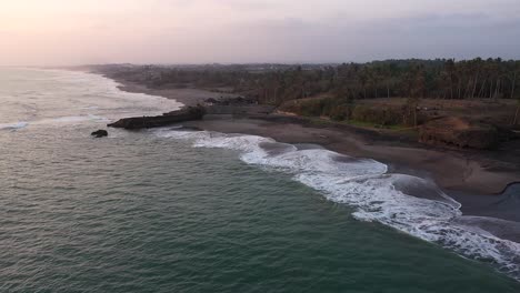 The-beautiful,-untouched-Pigstone-Beach-in-Bali,-Indonesia-with-tropical-trees-and-waves-on-the-shoreline---Aerial-shot