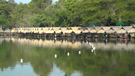 Beautiful-Huay-Tung-Tao-Lake-in-Chiang-Mai,-lush-forest-backdrop,-displaying-the-straw-huts-on-the-lakefront