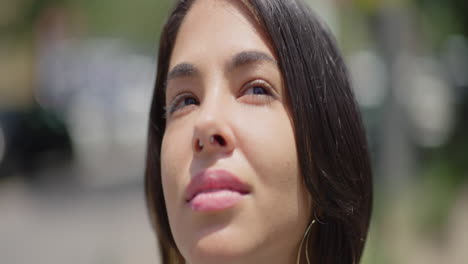 Young-Hispanic-Woman-Portrait-Close-Up-in-Slow-Motion-Outside,-Static