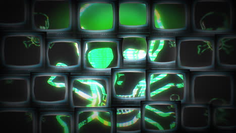 Wand-Mit-Mehreren-Bildschirmen-Bildet-Einen-Großen-Virusschädel-–-Digitale-Glitch-Hacker-Animation-–-Nahtloser-Schleifenhintergrund