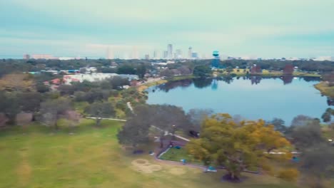 4K-Aerial-Video-of-Crescent-Lake-and-Water-Tower-in-St-Petersburg,-Florida