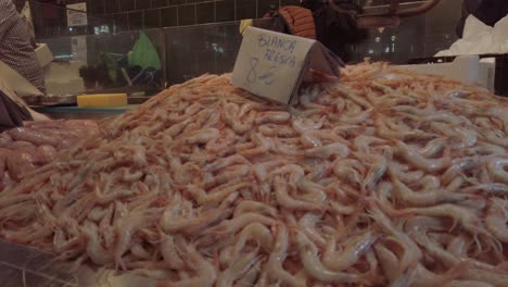 Huge-pile-of-raw-fresh-white-shrimp-at-seafood-market-in-Spain,-Closeup