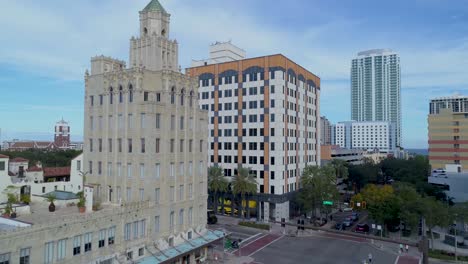 4K-Aerial-Video-of-Historic-Snell-Arcade-Building-in-Downtown-St-Petersburg,-Florida