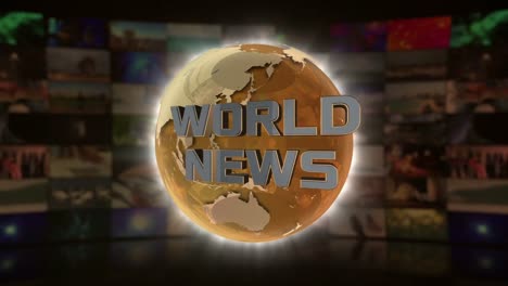 World-news-animation-video-with-golden-globe-rotating-and-shining-letters-on-blurry-background-of-screens-broadcasting