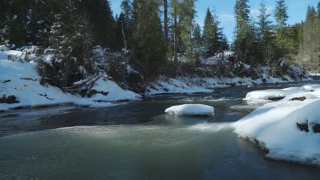 Beautiful-River-Flowing-On-The-Icy-Forest-In-Transylvania---Wide-Shot