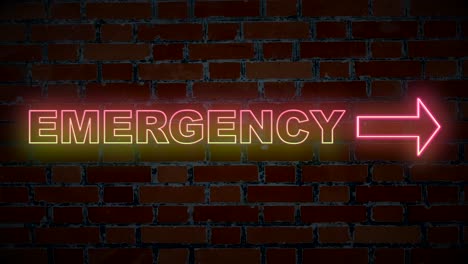 Illuminated-Emergency-sign-text-blinking-in-neon-lights-with-brick-wall-in-background