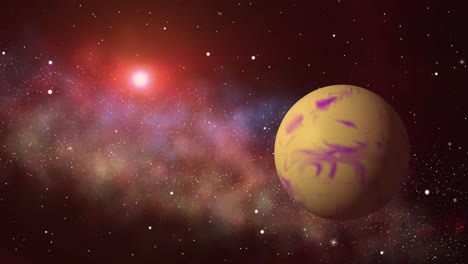 Weltraumszene-Mit-Einem-Gelb-rosa-Planeten-Und-Einer-Roten-Sonne-Mit-Buntem-Nebel-Im-Hintergrund-–-Kann-Endlos-Geloopt-Werden