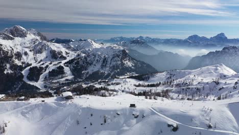 Aerial-Landscape-View-of-Nassfeld-Ski-Resort-in-Austrian-province-of-Carinthia-with-Skiers-on-slopes
