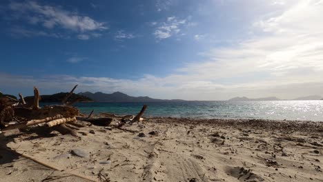 Time-lapse-of-logs-on-a-beach,-coast-of-Majorca,-sunny-day,-in-Balearic-islands,-Spain---Static-shot
