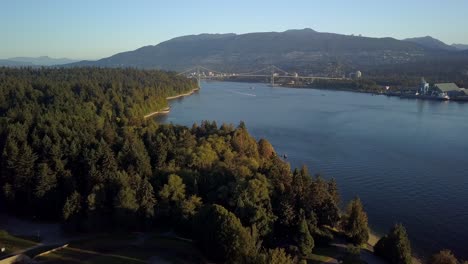 Flying-Over-The-Green-Coniferous-Trees-At-Stanley-Park-With-A-Lions-Gate-Bridge-In-The-Distance-Over-The-Burrard-Inlet-In-Vancouver,-Canada