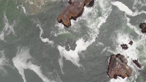 Top-down-aerial-view-of-the-waves-crashing-on-the-Sonoma-Coast-in-California