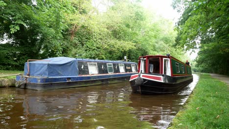 British-staycation-attraction-canal-boats-tourism-steering-through-calming-Welsh-woodland-greenery