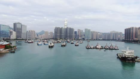 Hong-Kong-bay-and-Skyline-on-a-beautiful-day,-Aerial-view