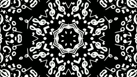 Kaleidoskop-Aus-Weißen-Musikalischen-Symbolen-Und-Noten,-Die-Sich-Auf-Schwarzem-Hintergrund-Bewegen