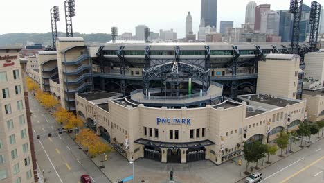 Rising-aerial-pullback-reveals-PNC-Park-and-Pittsburgh-skyline,-home-of-Pirates-MLB-Team