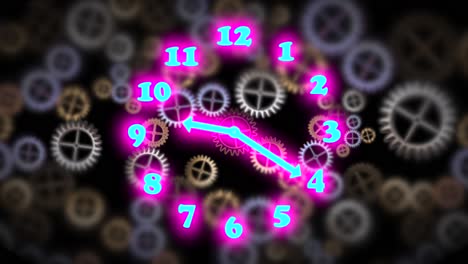 Neon-lighting-clock-with-running-time-on-black-background-with-many-gear-cogwheels