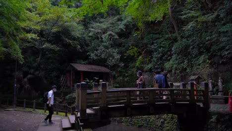 Slow-push-in-towards-people-exploring-beautiful-Japanese-shrine-inside-dark-forest