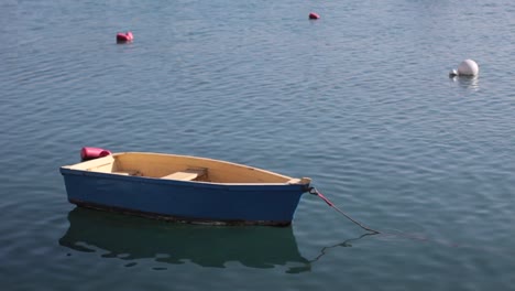 Kleines-Blaues-Fischerboot,-Das-Ruhig-Im-Wasser-Schwimmt