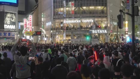 Huge-Crowd-Attending-The-Annual-Halloween-Night-Festival-At-Shibuya-Crossing-In-Tokyo,-Japan---Medium-Shot