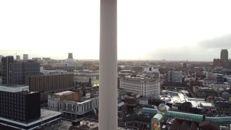 Aerial-rising-view-reveal-Liverpool-landmark-radio-city-tower-empty-city-skyline-during-coronavirus-pandemic