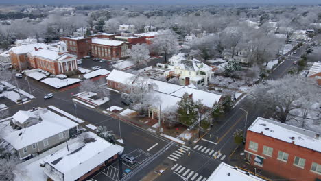 Drone-shot-of-snow-covered-buildings-in-a-small-town-USA