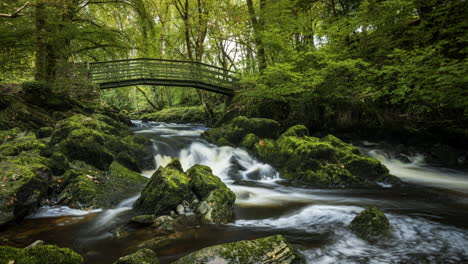 Lapso-De-Tiempo-De-La-Cascada-Del-Parque-Forestal-De-Primavera-Rodeada-De-árboles-Con-Rocas-Y-Puente-Peatonal-En-Primer-Plano-En-El-Paisaje-Rural-De-Irlanda