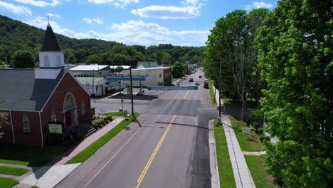 aerial-flight-by-small-church-in-downtown-damascus-virginia