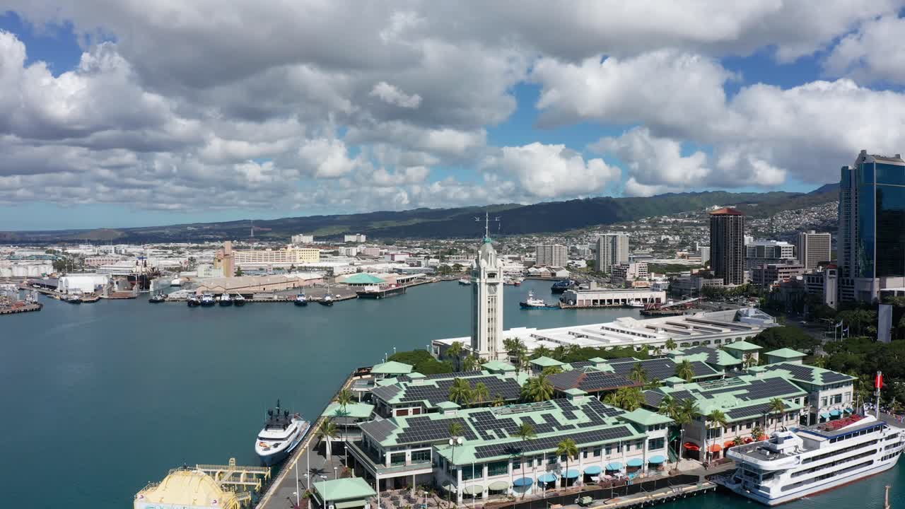 Premium stock video Wide panning aerial shot of the aloha tower in