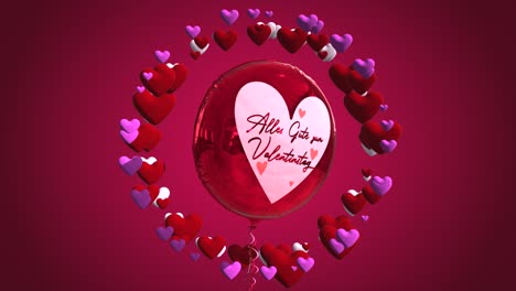 High-quality-seasonal-motion-graphic-celebrating-St-Valentine's-Day,-with-pink-and-red-color-scheme,-balloon-and-a-circle-of-spinning-love-hearts---German-message-"Alles-gute-sum-Valentinstag