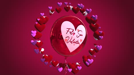 High-quality-seasonal-motion-graphic-celebrating-St-Valentine's-Day,-with-pink-and-red-color-scheme,-balloon-and-a-circle-of-spinning-love-hearts---Spanish-message-"Feliz-San-Valentin