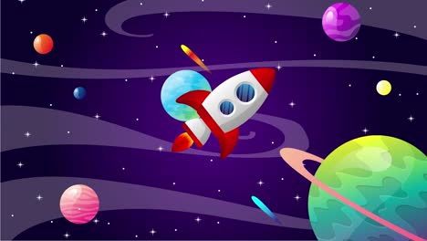 Animated,-Illustration-of-a-Cartoon-Rocket-Taking-Off-Depicting-the-Launch-of-a-Product,-Service,-or-Career-with-a-Static-Background-of-Space-and-Galaxy
