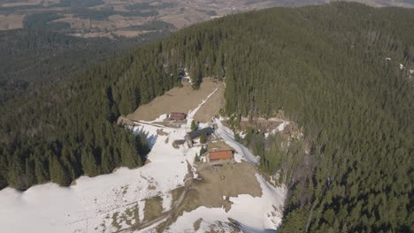 Aerial-5K-Birdseye-Drone-Over-Snowy-Mountainside-And-Pine-Forest-In-German-Alps