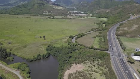 Aerial-view-of-Maunawili-stream-overlooking-Kawainui-park-in-Oahu