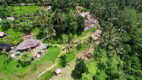 eco-bamboo-hut-on-a-hill-with-coconut-trees-in-ubud-bali-indonesia,-aerial