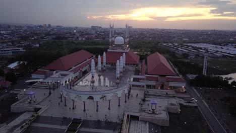 Orbit-drone-shot-of-the-great-Mosque-of-Central-Java-in-suset-time