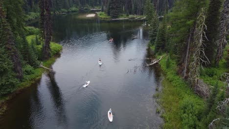 Drohnenaufnahme-Von-Paddleboardern-Und-Kajakfahrern-Von-Hinten,-Während-Sie-Den-Payette-River-In-Idaho-Hinunterfahren