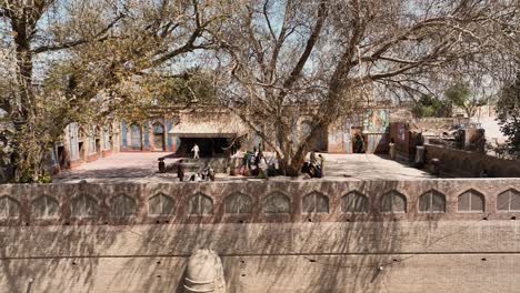 Luftaufnahme-Der-Außenwand-Des-Grabes-Und-Der-Moschee-Von-Jalaluddin-Bukhari-In-Uch-Sharif,-Die-Sich-über-Bäume-Im-Innenhof-Erhebt