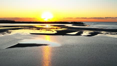 Flying-towards-the-golden-horizon-during-an-early-sunrise-at-low-tide